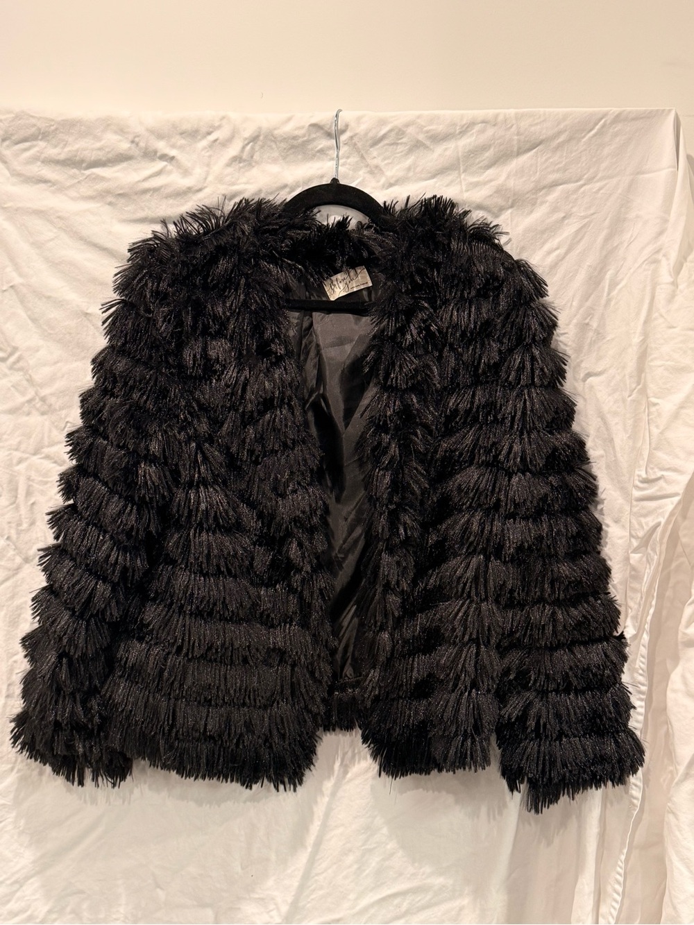Black Faux-Fur Fringe Teddy Jacket for Women